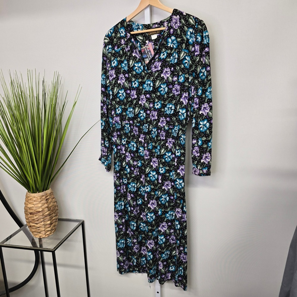 Virgo II Vintage Womens Size 12 Floral Polka‎ Dot Long Sleeve Midi Dress Black